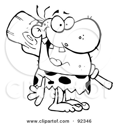 Royalty-Free (RF) Clipart Illustration of an Outlined Toothy Caveman Grinning And Carrying A Club Over His Shoulder by Hit Toon