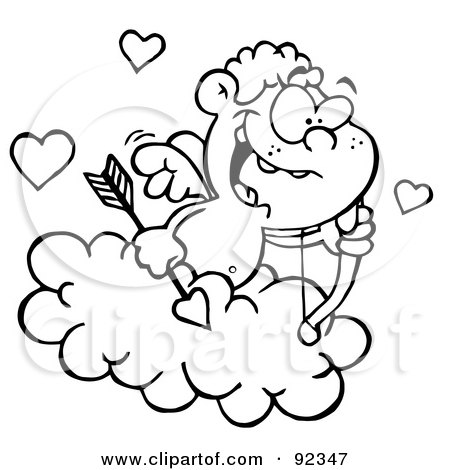 Royalty-Free (RF) Clipart Illustration of an Outlined Cupid In A Cloud With Hearts, A Bow And Arrow by Hit Toon