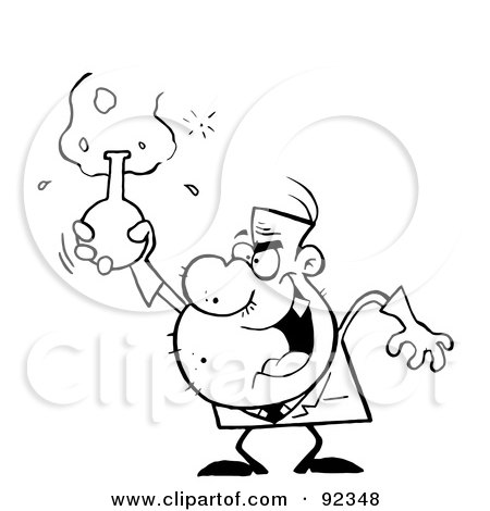 Royalty-Free (RF) Clipart Illustration of an Outlined Mad Scientist Man Grinning And Holding A Laboratory Flask by Hit Toon