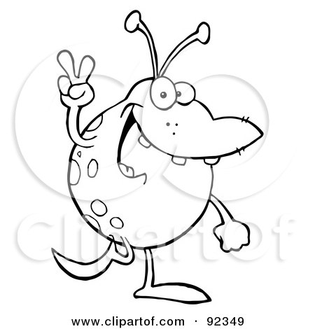 Royalty-Free (RF) Clipart Illustration of an Outlined Alien Smiling And Gesturing The Peace Sign by Hit Toon