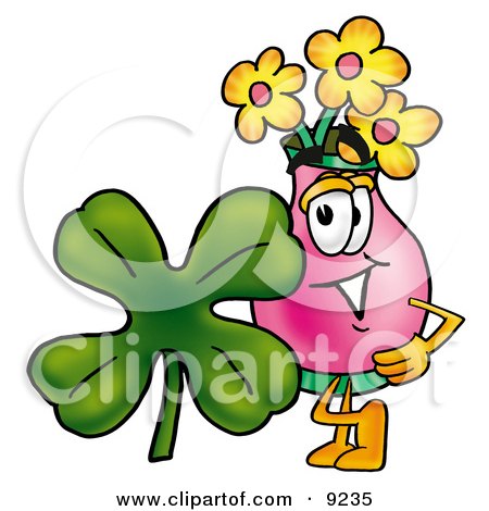 Clipart Picture of a Vase of Flowers Mascot Cartoon Character With a Green Four Leaf Clover on St Paddy's or St Patricks Day by Mascot Junction