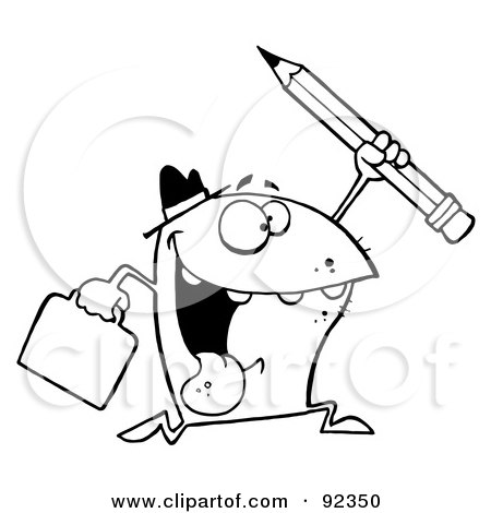 Royalty-Free (RF) Clipart Illustration of an Outlined Businessman Shark Running With A Briefcase And Pencil by Hit Toon