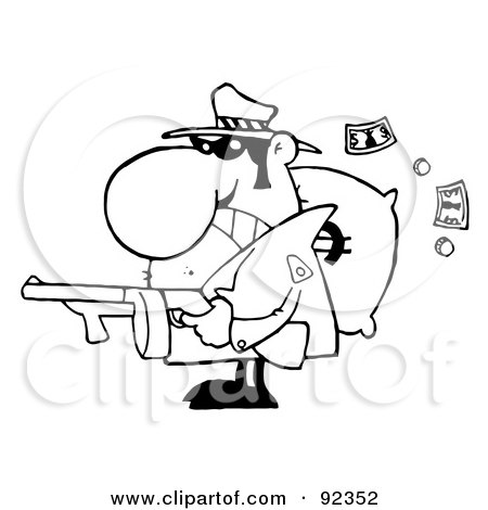 Royalty-Free (RF) Clipart Illustration of an Outlined Tough Mobster Holding A Machine Gun And Money Sack by Hit Toon