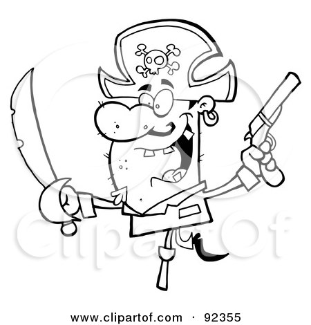Royalty-Free (RF) Clipart Illustration of an Outlined Pirate Holding Up A Sword And Pistol And Balancing On His Peg Leg by Hit Toon