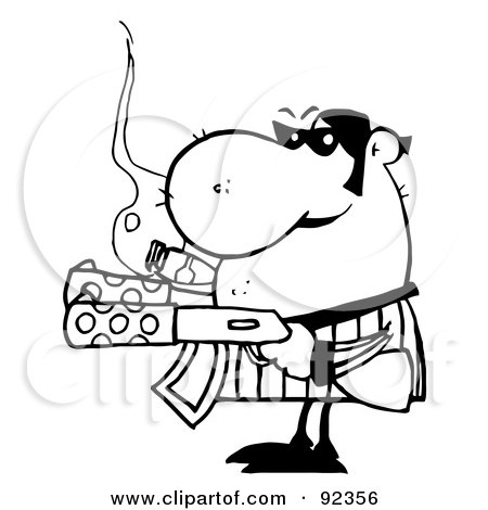 Royalty-Free (RF) Clipart Illustration of an Outlined Tough Gangster Holding Two Machine Guns And Smoking A Cigar, by Hit Toon