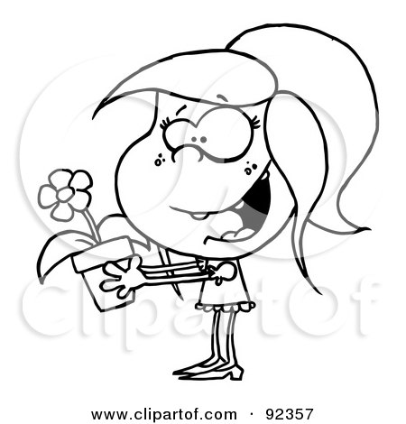 Royalty-Free (RF) Clipart Illustration of an Outlined Girl Carrying A Potted Flower by Hit Toon