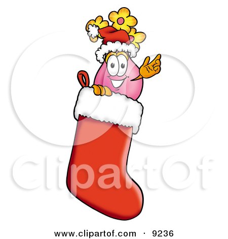 Clipart Picture of a Vase of Flowers Mascot Cartoon Character Wearing a Santa Hat Inside a Red Christmas Stocking by Mascot Junction