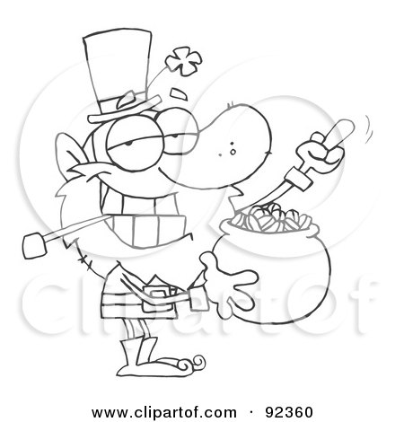 Royalty-Free (RF) Clipart Illustration of an Outlined Leprechaun Holding Up His Middle Finger Of A Pot Of Gold by Hit Toon
