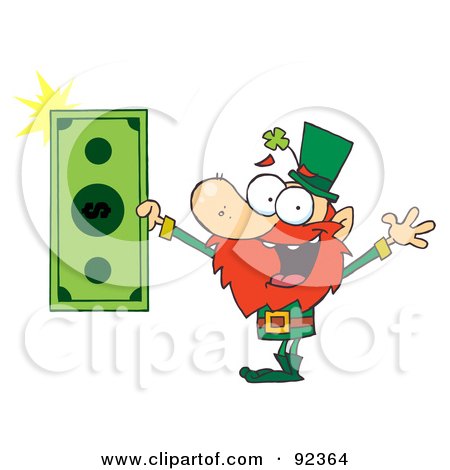 Royalty-Free (RF) Clipart Illustration of a Wealthy Leprechaun Holding A Dollar Bill by Hit Toon
