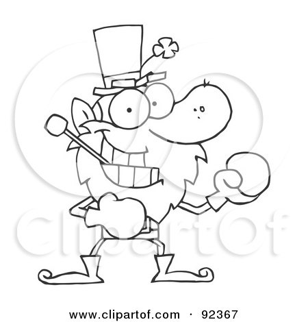 Royalty-Free (RF) Clipart Illustration of an Outlined Boxing Leprechaun With A Pipe In His Mouth by Hit Toon