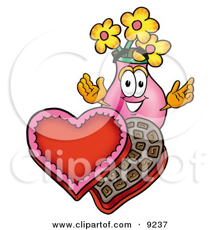 Clipart Picture of a Vase of Flowers Mascot Cartoon Character With an Open Box of Valentines Day Chocolate Candies by Mascot Junction