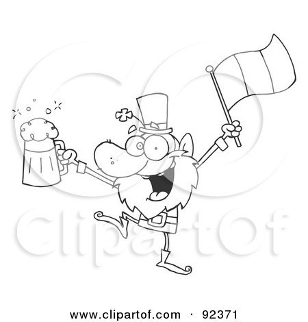 Royalty-Free (RF) Clipart Illustration of an Outlined Drunk Leprechuan Dancing With Beer And A Flag by Hit Toon