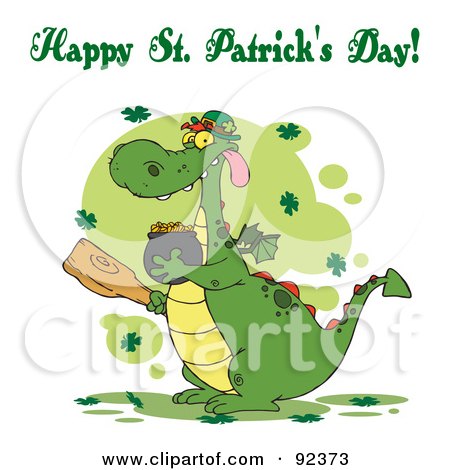 Royalty-Free (RF) Clipart Illustration of a Happy St Patrick's Day Greeting Of A Leprechaun Dragon With A Mace And Gold by Hit Toon