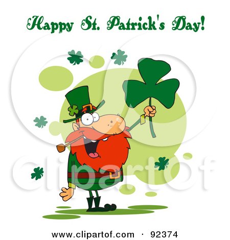 Royalty-Free (RF) Clipart Illustration of a Happy St Patrick's Day Greeting Of A Leprechaun Holding A Clover by Hit Toon