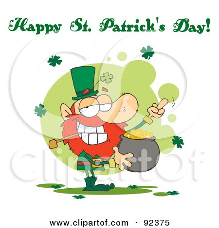Royalty-Free (RF) Clipart Illustration of a Happy St Patrick's Day Greeting Of A Leprechaun Holding Up His Middle Finger Of A Pot Of Gold by Hit Toon