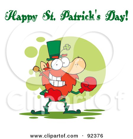 Royalty-Free (RF) Clipart Illustration of a Happy St Patrick's Day Greeting Of A Boxing Leprechaun by Hit Toon