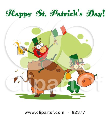 Royalty-Free (RF) Clipart Illustration of a Happy St Patrick's Day Greeting Of A Leprechaun With A Flag And Beer On A Cow by Hit Toon