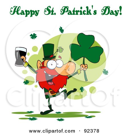Royalty-Free (RF) Clipart Illustration of a Happy St Patrick's Day Greeting Of A Leprechaun With Beer And A Clover by Hit Toon
