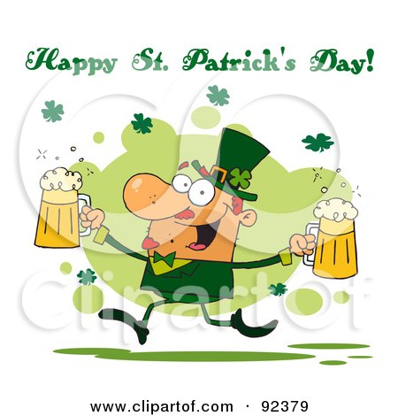 Royalty-Free (RF) Clipart Illustration of a Happy St Patrick's Day Greeting Of A Leprechaun Running With Two Beers by Hit Toon