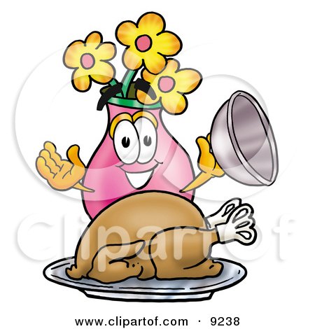Clipart Picture of a Vase of Flowers Mascot Cartoon Character Serving a Thanksgiving Turkey on a Platter by Mascot Junction