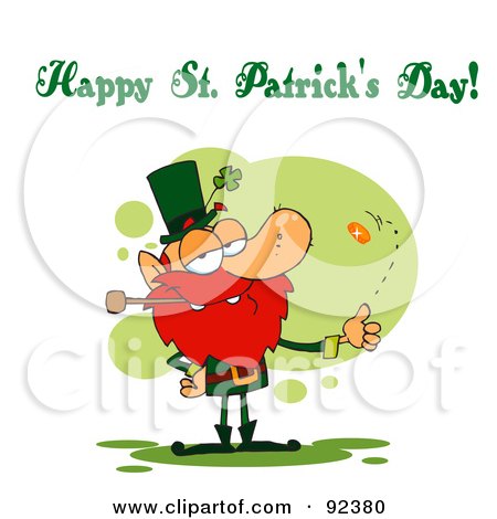 Royalty-Free (RF) Clipart Illustration of a Happy St Patrick's Day Greeting Of A Leprechaun Flipping A Coin by Hit Toon