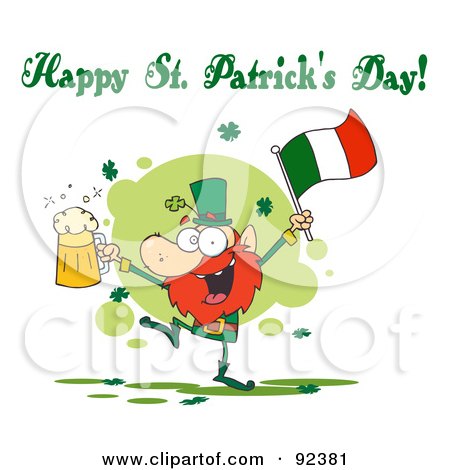 Royalty-Free (RF) Clipart Illustration of a Happy St Patrick's Day Greeting Of A Drunk Leprechuan Dancing With Beer And A Flag by Hit Toon