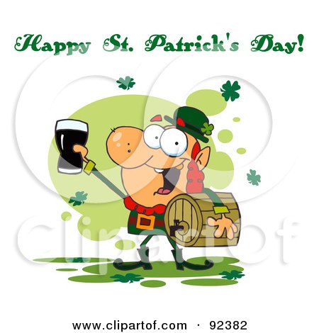 Royalty-Free (RF) Clipart Illustration of a Happy St Patrick's Day Greeting Of A Leprechaun With A Keg And Beer by Hit Toon
