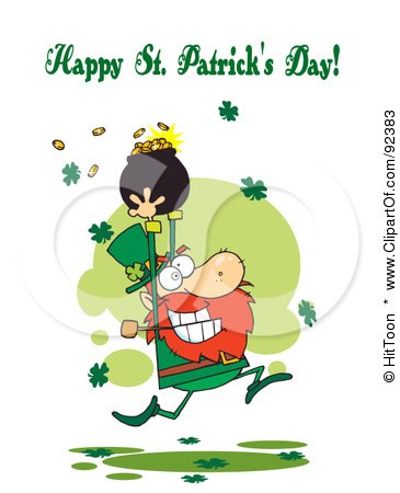 Royalty-Free (RF) Clipart Illustration of a Happy St Patrick's Day Greeting Of A Leprechaun Running With Gold by Hit Toon