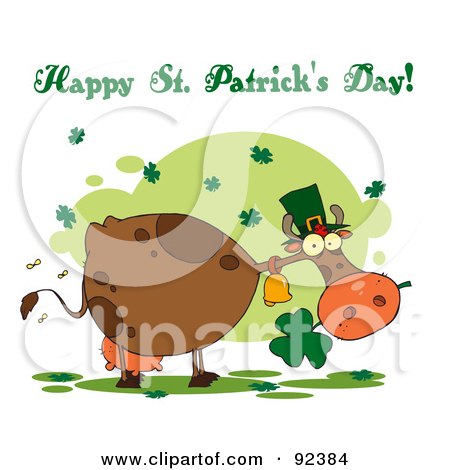 Royalty-Free (RF) Clipart Illustration of a Happy St Patrick's Day Greeting Of A Leprechaun Cow by Hit Toon