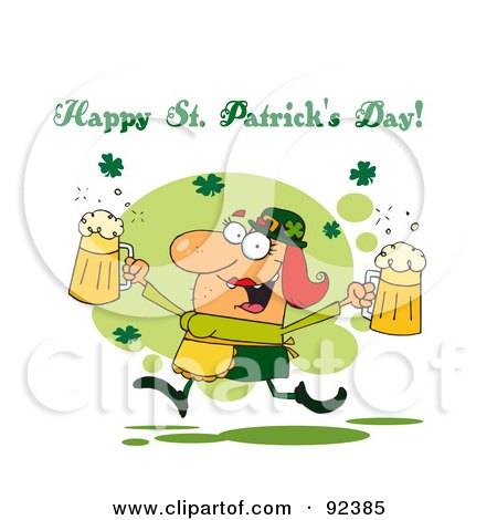 Royalty-Free (RF) Clipart Illustration of a Happy St Patrick's Day Greeting Of A Female Leprechuan With Beer by Hit Toon