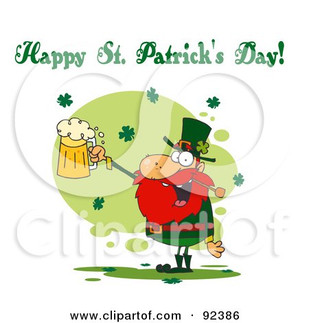 Royalty-Free (RF) Clipart Illustration of a Happy St Patrick's Day Greeting Of A Leprechaun Holding A Beer by Hit Toon