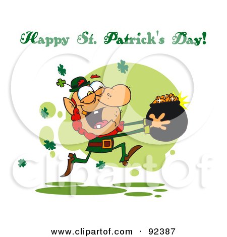 Royalty-Free (RF) Clipart Illustration of a Happy St Patrick's Day Greeting Running With A Pot Of Gold by Hit Toon