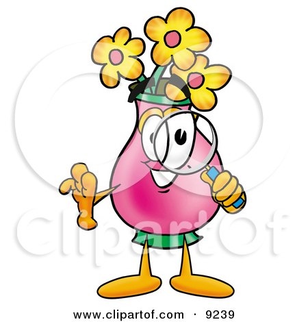 Clipart Picture of a Vase of Flowers Mascot Cartoon Character Looking Through a Magnifying Glass by Mascot Junction