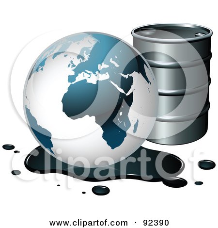 Royalty-Free (RF) Clipart Illustration of a Globe By A Barrel, In An Oil Spill by beboy