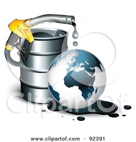 Royalty-Free (RF) Clipart Illustration of a Dripping Nozzle Over A Globe And Barrel With Shadows by beboy