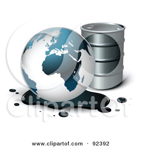 Royalty-Free (RF) Clipart Illustration of a Globe In An Oil Spill By A Barrel With Shadows by beboy