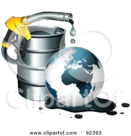 Royalty-Free (RF) Clipart Illustration of a Nozzle Dripping Over A Globe In An Oil Spill By A Barrel by beboy