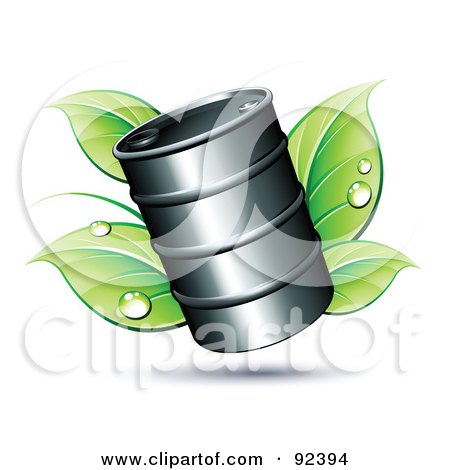 Royalty-Free (RF) Clipart Illustration of an Oil Barrel Over Dewy Green Leaves by beboy