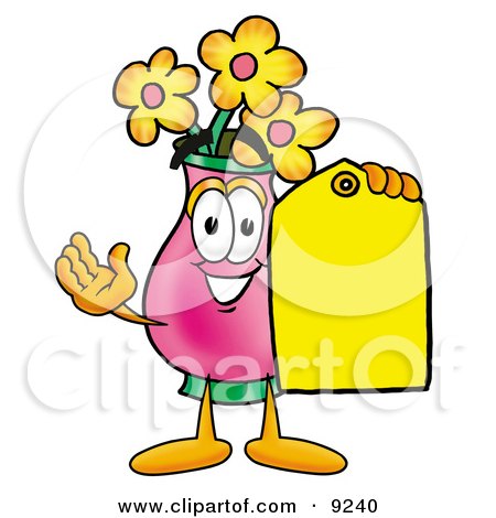 Clipart Picture of a Vase of Flowers Mascot Cartoon Character Holding a Yellow Sales Price Tag by Mascot Junction