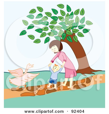 Royalty-Free (RF) Clipart Illustration of a Mother Helping Her Child Walk Towards A Goose In A Park by Cherie Reve