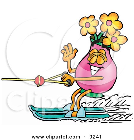 Clipart Picture of a Vase of Flowers Mascot Cartoon Character Waving While Water Skiing by Mascot Junction
