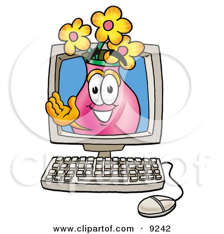 Clipart Picture of a Vase of Flowers Mascot Cartoon Character Waving From Inside a Computer Screen by Mascot Junction