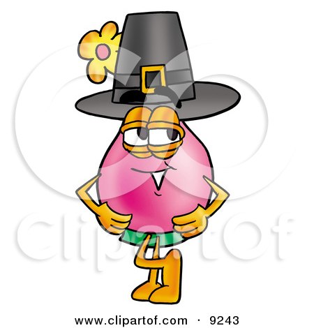 Clipart Picture of a Vase of Flowers Mascot Cartoon Character Wearing a Pilgrim Hat on Thanksgiving by Mascot Junction
