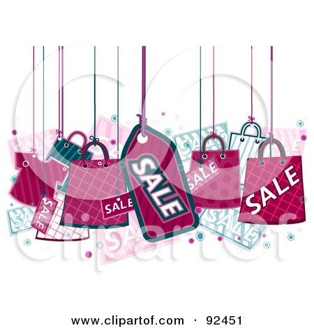 Royalty-Free (RF) Clipart Illustration of Pink Retail Items Hanging From Strings by BNP Design Studio