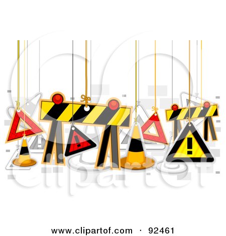 Royalty-Free (RF) Clipart Illustration of Construction Signs Hanging From Strings by BNP Design Studio