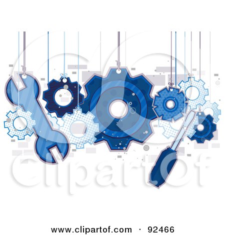 Royalty-Free (RF) Clipart Illustration of Blue Tools And Gears Hanging From Strings by BNP Design Studio
