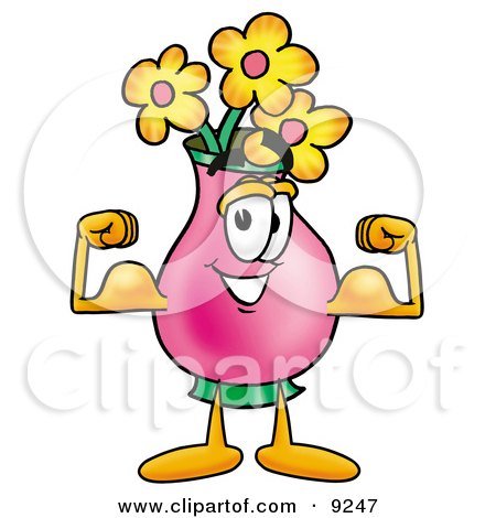 Clipart Picture of a Vase of Flowers Mascot Cartoon Character Flexing His Arm Muscles by Mascot Junction