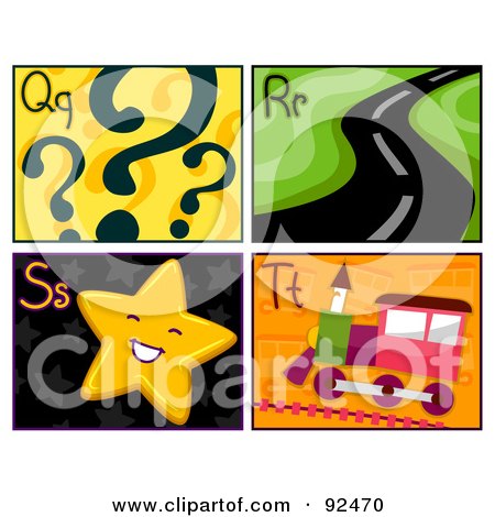 Royalty-Free (RF) Clipart Illustration of a Digital Collage Of Q, R, S, And T Letter Flashcards With Question Marks, Road, Star And Train by BNP Design Studio