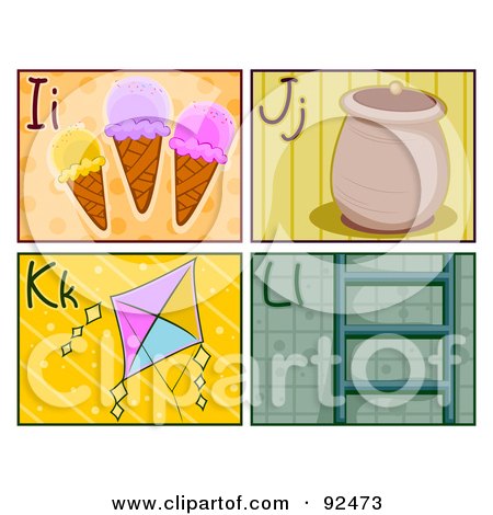 Royalty-Free (RF) Clipart Illustration of a Digital Collage Of I, J, K And L Letter Flashcards With Ice Cream, A Jar, Kite And Ladder by BNP Design Studio