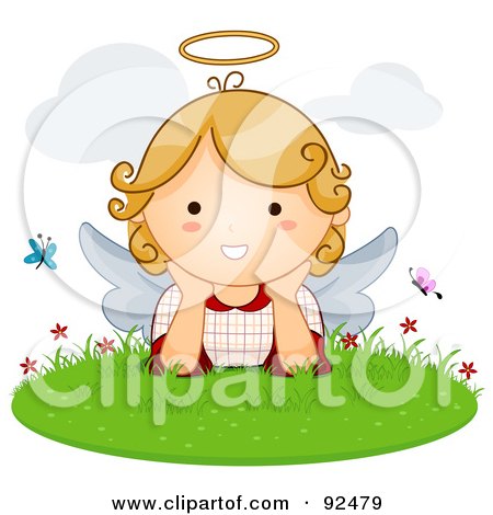 Royalty-Free (RF) Clipart Illustration of a Cute Blond Angel With Butterflies In The Grass by BNP Design Studio